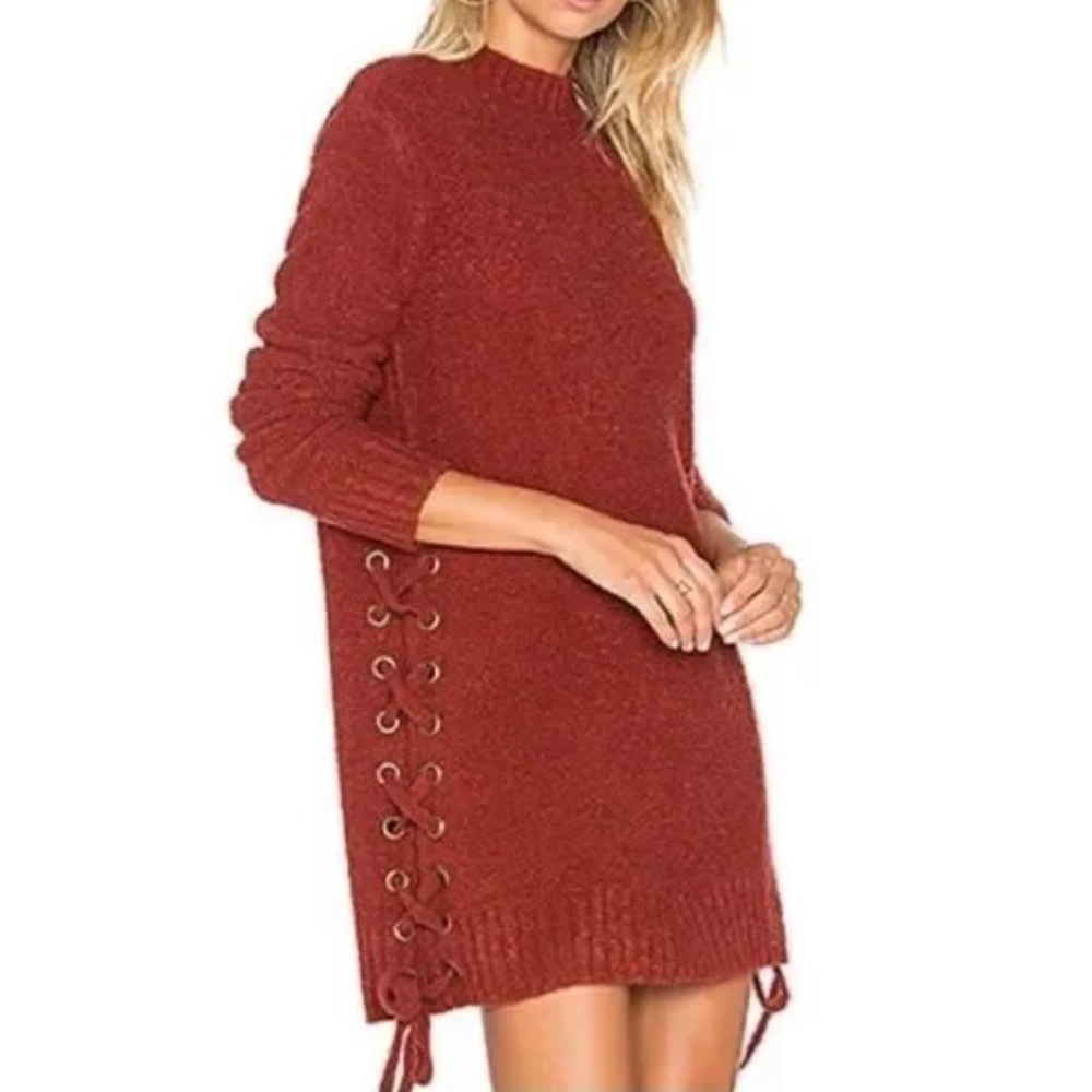 Lovers + Friends Em Sweater Dress Wool Blend Mock Neck Lace Up Rust Size Small